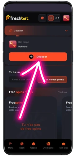 Le bouton Déposer se situe sous la section Cadeaux de votre compte Freshbet
