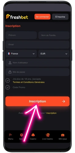 Le formulaire d'inscription Freshbet demande vos coordonnées, votre pays et votre devise